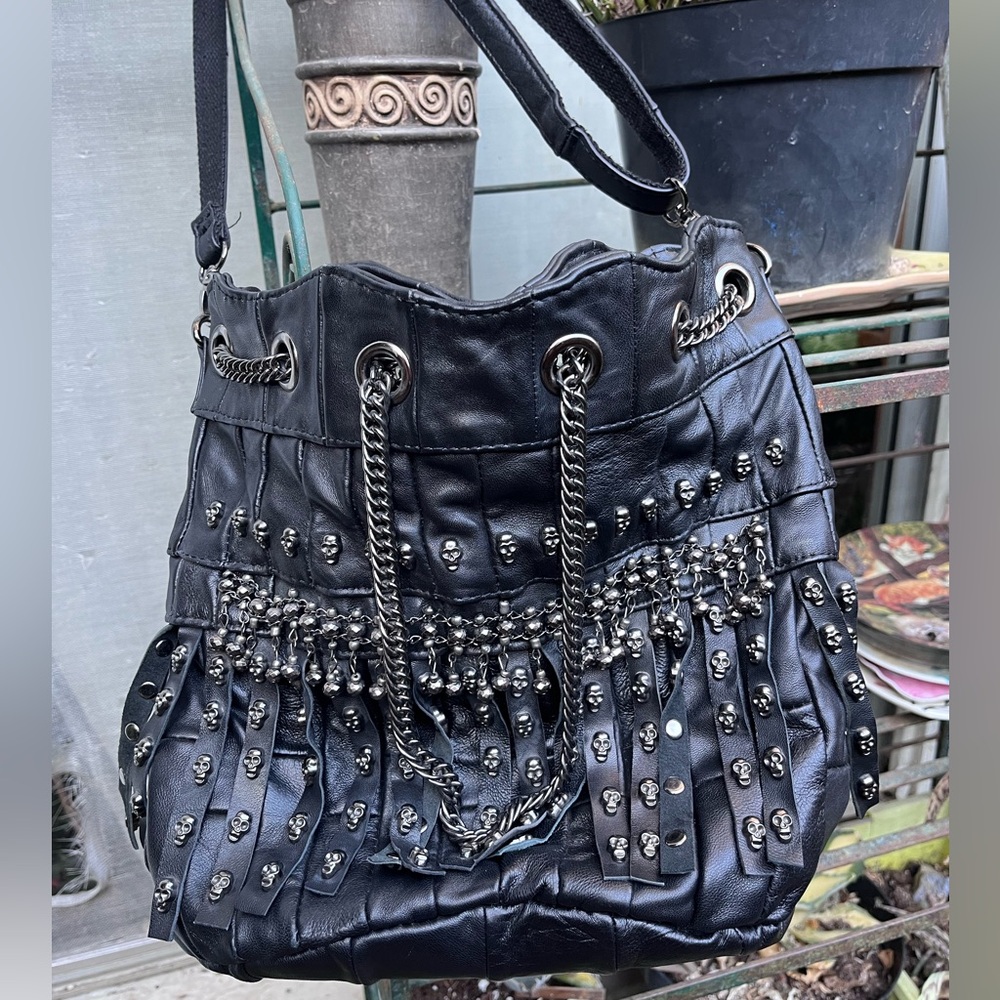 Black pleather Skeleton Fringed and studded shoulder bag